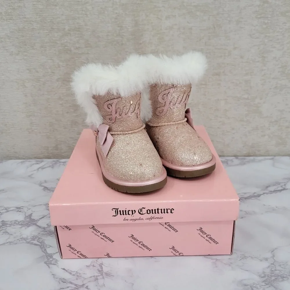 Juicy Couture Lil Windsor Blush Glitter Girls Pink Sparkly Faux Fur Boots Size 5
